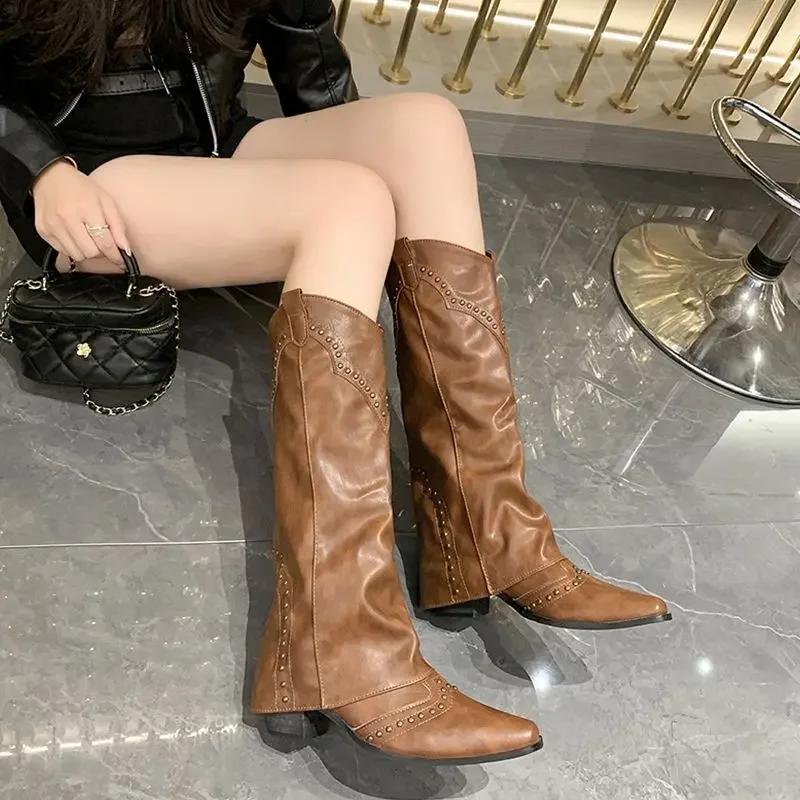 Women Fashion Cowgirl Boots, Slip On Square Heel Long Pipe Retro Shoes, Elegant Winter Footwear 2024