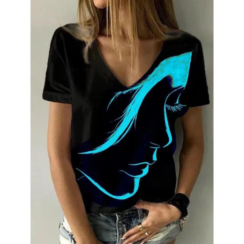 Summer V-neck 3D Simplified Avatar Printed Top Fashionable Casual Short Sleeved Women's T-shirts
