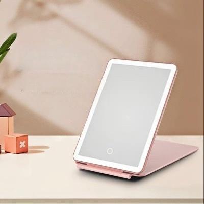 LED Foldable Travel Makeup Mirror 3 Colors Light Modes USB Rechargeable Touch Screen Portable Tabletop Cosmetic Mirror Handheld