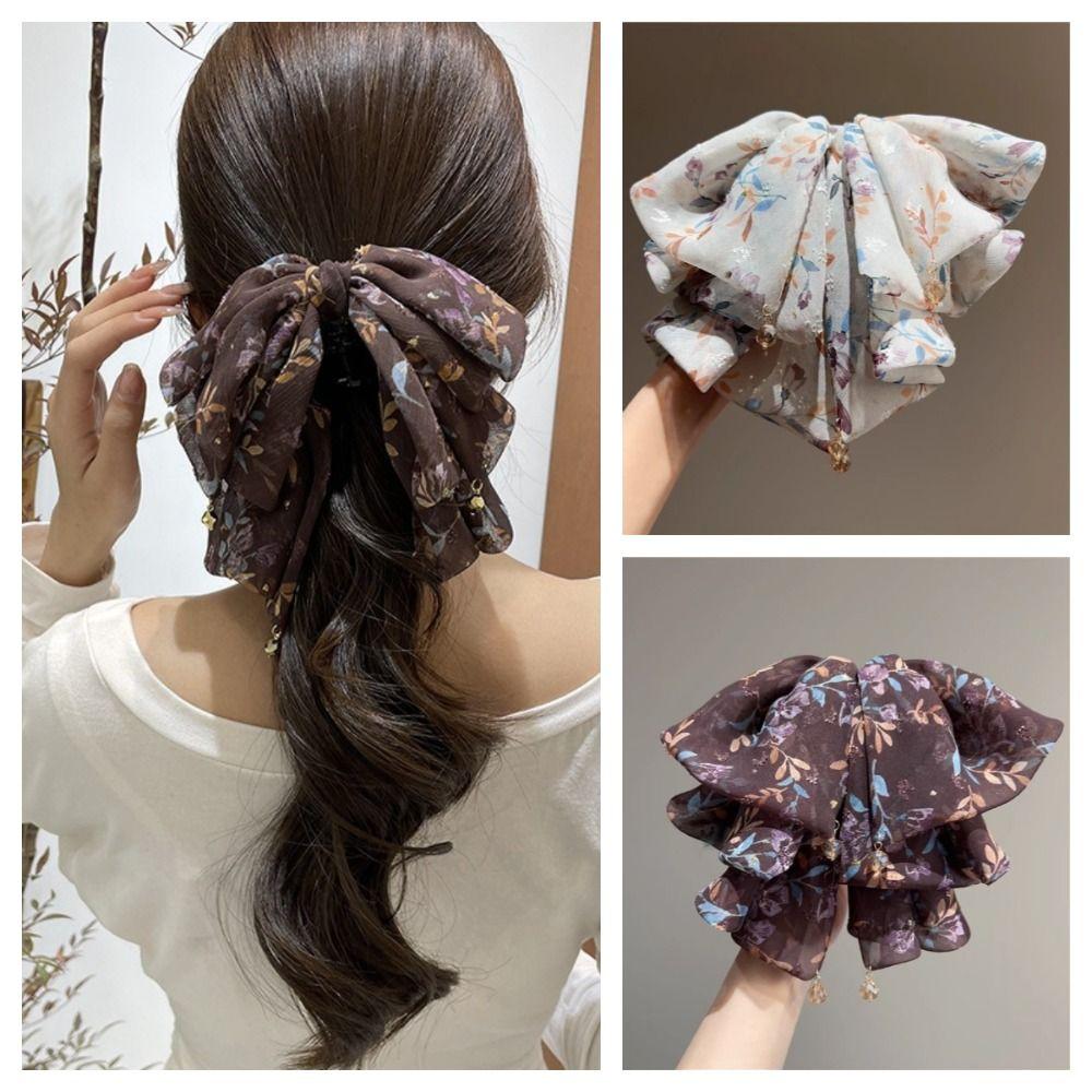 Sweet Bow Shark Clip Large Women Hair Grab Clip Crystal Chiffon Hair Claw  Hair Accessory