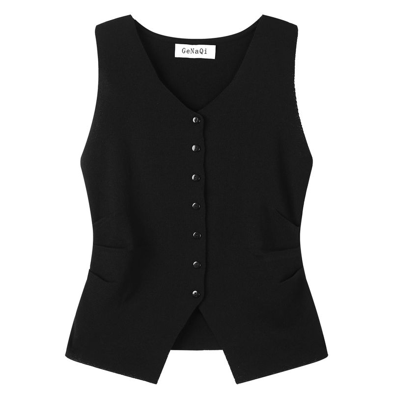 

Genaqi Solid Temperament Slim fit Slimming Knitted Top Women Summer New Versatile Commuter V-neck Split Vest Black S