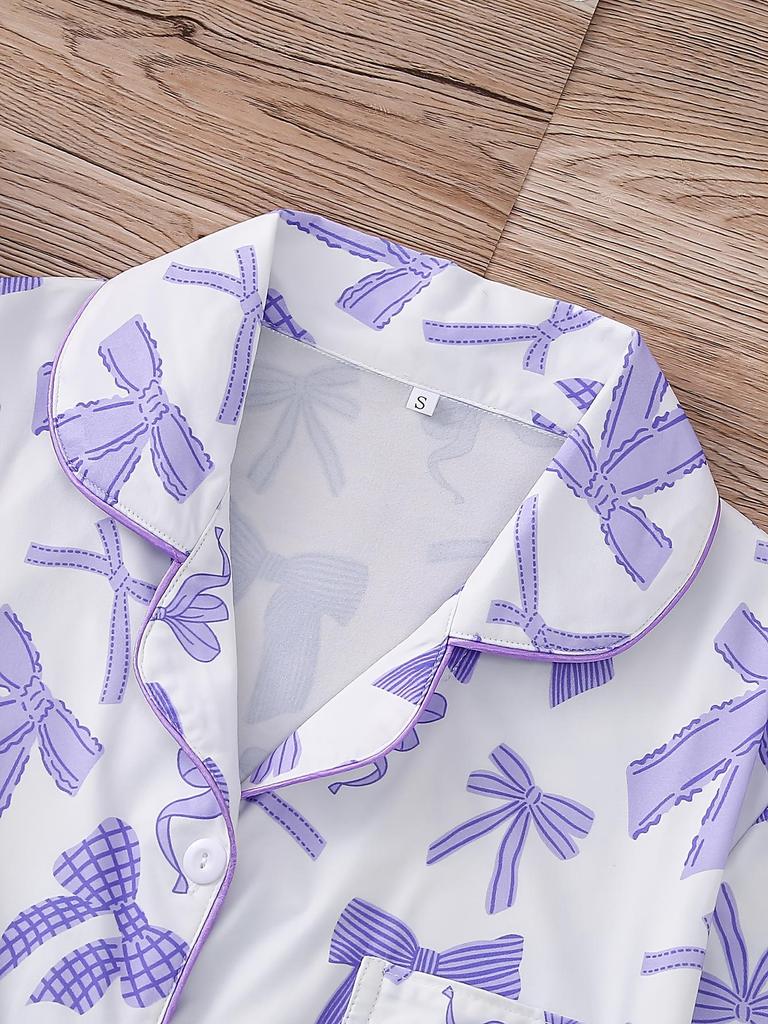 European and American Women's Bow Print Lapel Short Sleeve Pajama Set