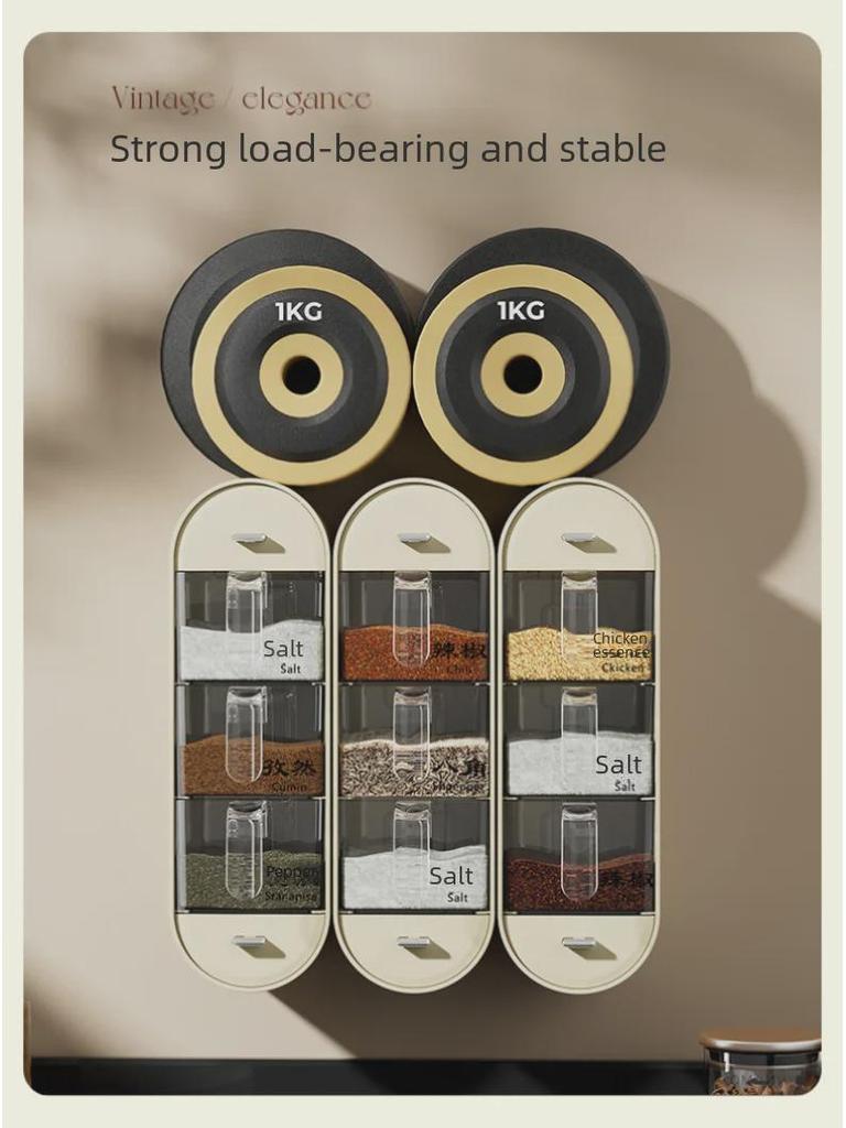 Conjunto de caixa de tempero de plástico antiperfurante para montagem na parede com colher - Inclui recipientes para sal e glutamato monossódico para cozinha.