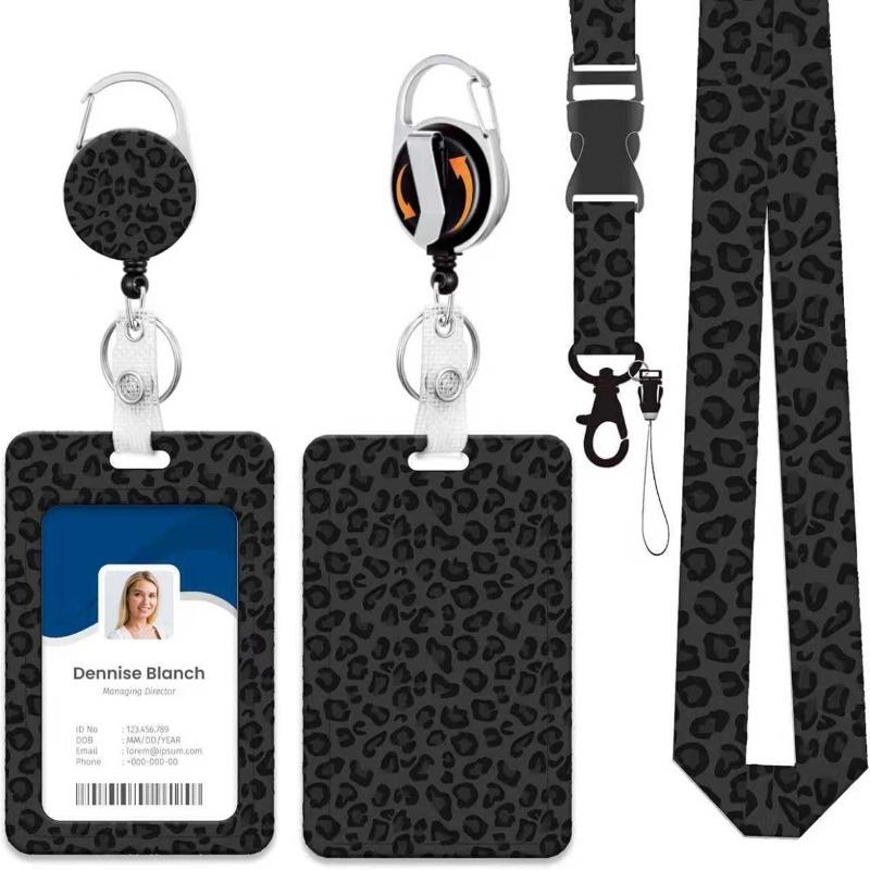 Leopard Print ID Badge Holder with Lanyard Retractable Badge Reel Belt Keychain Lanyards Clip Vertical ID Card Cover Sleeve Case