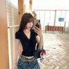 Short-sleeved t-shirt women's new summer short-sleeved slim-fit lace splicing beautiful V-neck small top