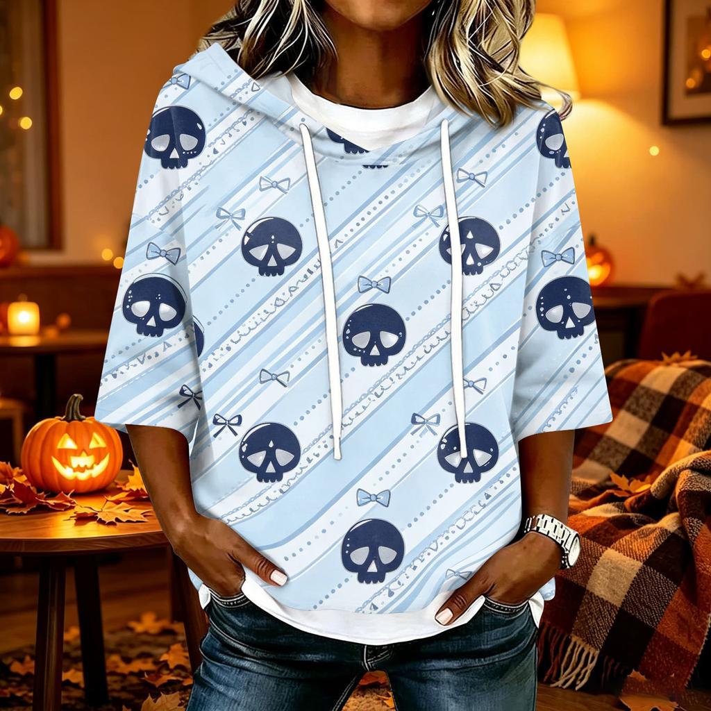 Women's Halloween Printed Hoodie Loose Fit Three-Quarter Sleeve Casual Top
