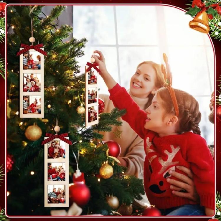 Wooden Picture Frames Christmas Tree Hanging Ornaments 6Pcs Memory Plaids Photo Strips with Bowknot For Festives Space