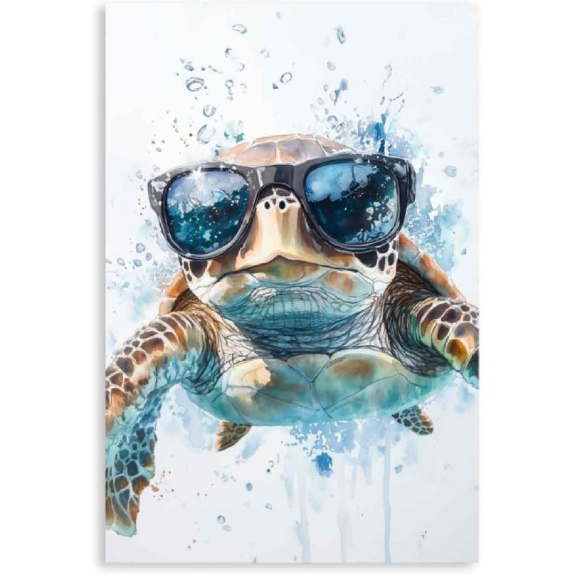 YMXZHUANSH Sea Turtle Canvas Wall Art for Bathroom Turtles with Glasses Pictures Funny Turtle Painting for Home Decor Unframed(White 12.00" x 18.00")