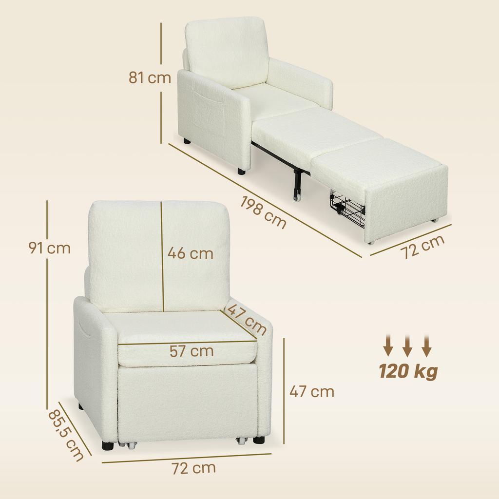 1 Seater Convertible Armchair Sofa Bed With Hidden Storage Wide And Padded Seat 72 X 85.5 X 91 Cm Cream