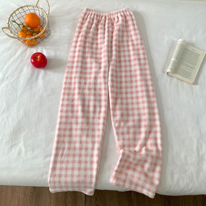 Hello Kitty Coral Fleece-Lined Flannel Pajama Pants for Women - Warm Autumn/Winter Style