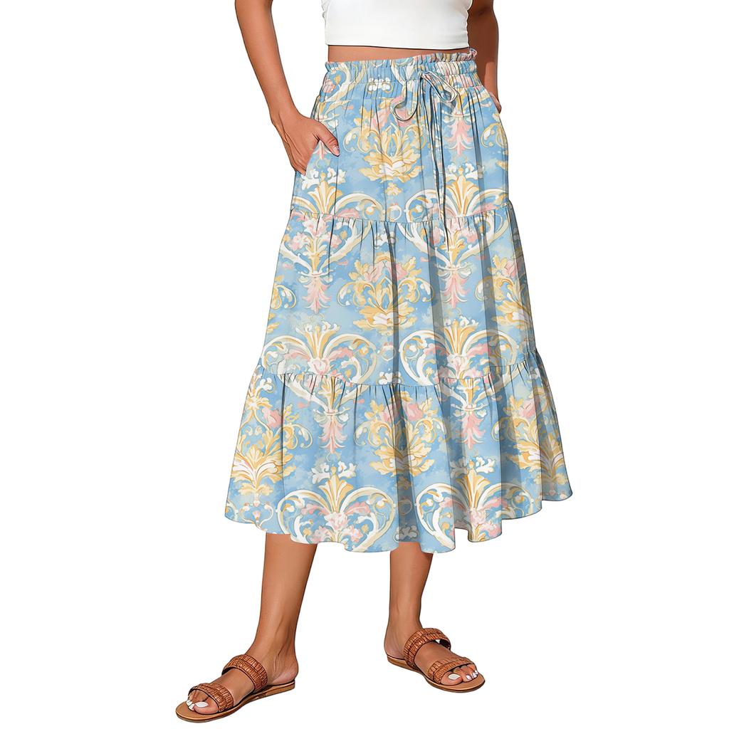 Womens Maxi Skirt Drawstring High Waisted Summer Long Skirts Lightweight Tiered Flowy Floral Pleated Skirts