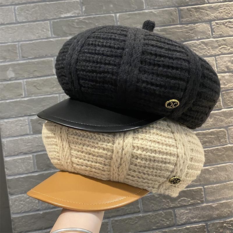 Simple big head circumference knitted beret women's spring and autumn British retro face small octagonal hat PU newsboy hat
