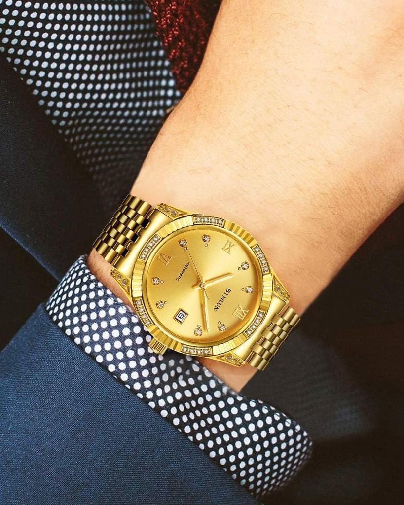 BINLUN Automatic Mechanical Watch with Manual Date Gold Luxury Sapphire Crystal Men's Winding, Display, Diamonds, Watch, Simple, Elegant, Stylish,