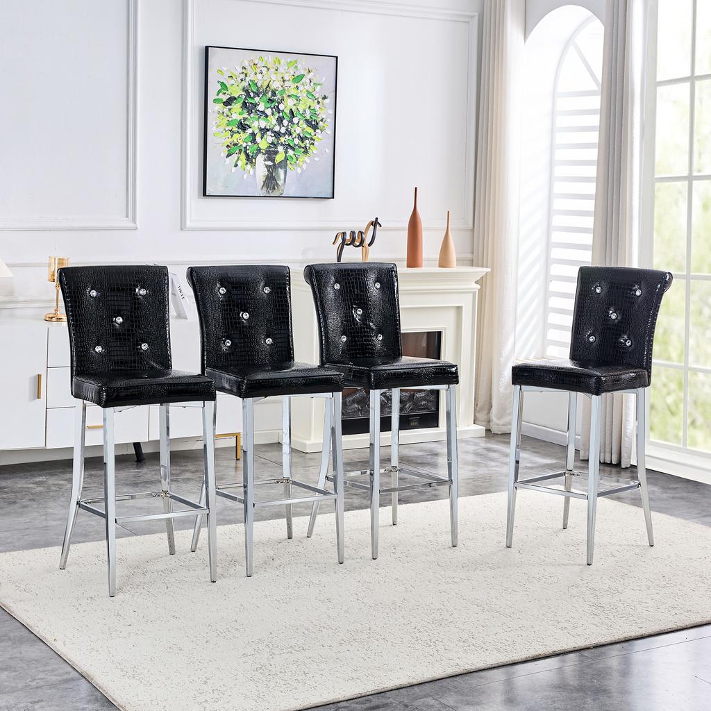 Bar Stools Set of 2, Black Crocodile Leather Look with Crystal Buttons, High-Back Kitchen Stools with Chrome Metal Legs, Kitchen Island Bar Counter