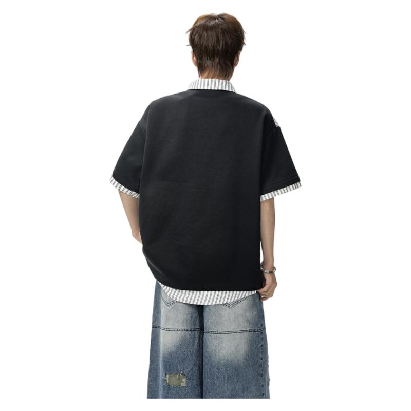 Foss Phil Men's Summer Loose Fit Short Sleeve Polo Shirt Fake Two-Piece Shirt Collar T-Shirt