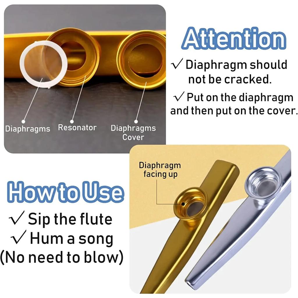Kazoo-Musikinstrument aus Metall, Flöten, Membran, Mundstück, Kazoo, Guter Begleiter für Gitarre