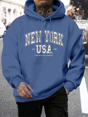 América Nova Iorque Estampa Moletom Masculino Moda Moletons Largos Casual Quente com Capuz Homens Outono Lã Gola Redonda Roupas