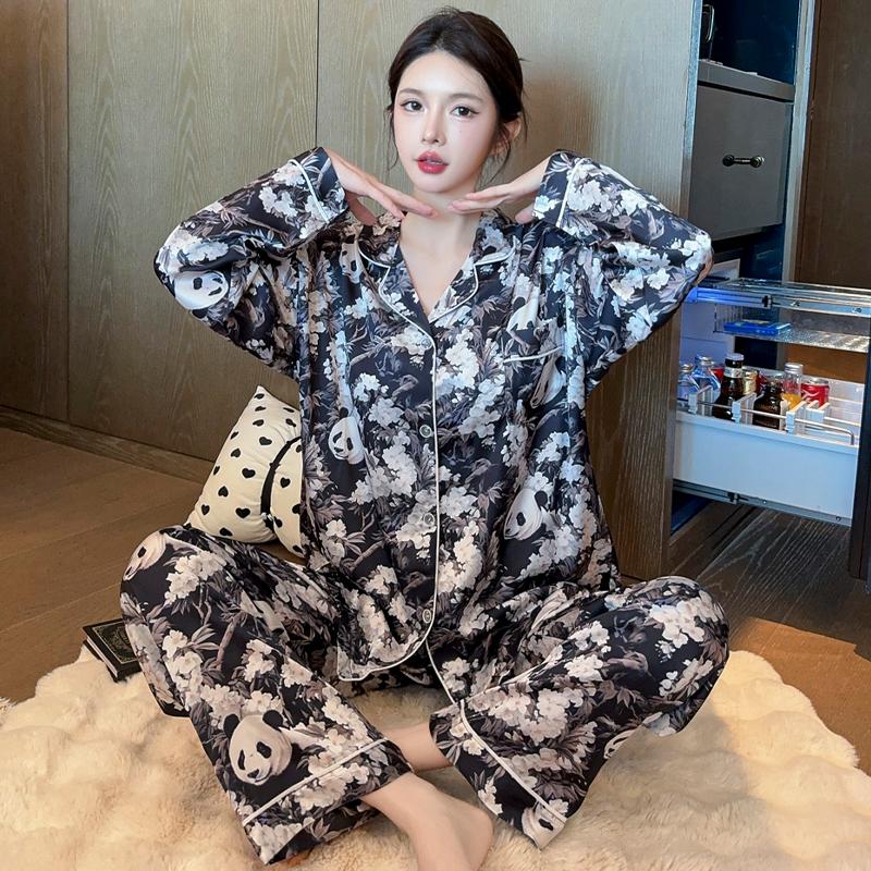 2025 spring Women's Pajamas Set Silk Cartoon Panda Long Sleeve Sleepwear Leisure Nightwear Pyjamas for Women Homewear