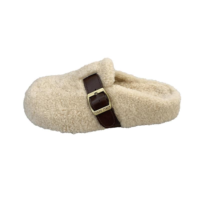 2025 Autumn and Winter New Velvet Boken Shoes Muller Drag Cotton Shoes Bag Head Warm Belt Buckle Flat Bottom Fluffy Slippers Women