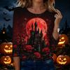 Women’s Casual Halloween Printed Crew Neck Three Quarter Sleeve T Shirt with House Pumpkin and Bat Design for Holiday Wear