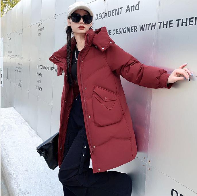 Women's Winter Autumn Thick Hooded White Duck Down Jacket Coat Loose Middle Long Solid Color Big Pocket Detachable Hat Down Coat