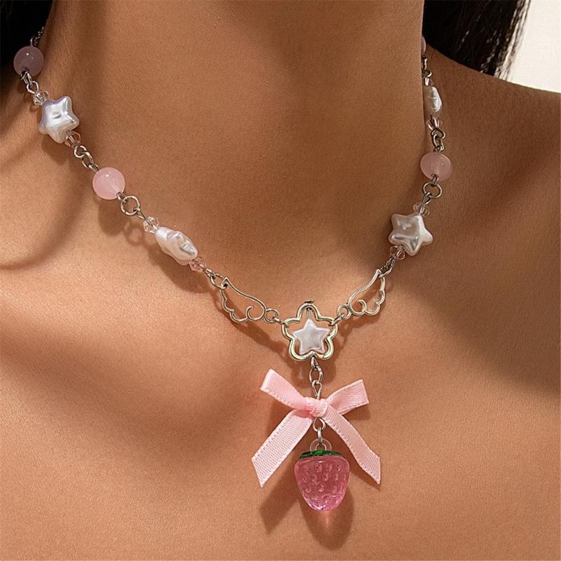 2025 Ny Söt Vit Femudd Rosa Rosett Jordgubbsberlock Chokerhalsband Goth Vintage Y2K Flickors Söta Smycken Accessoarer