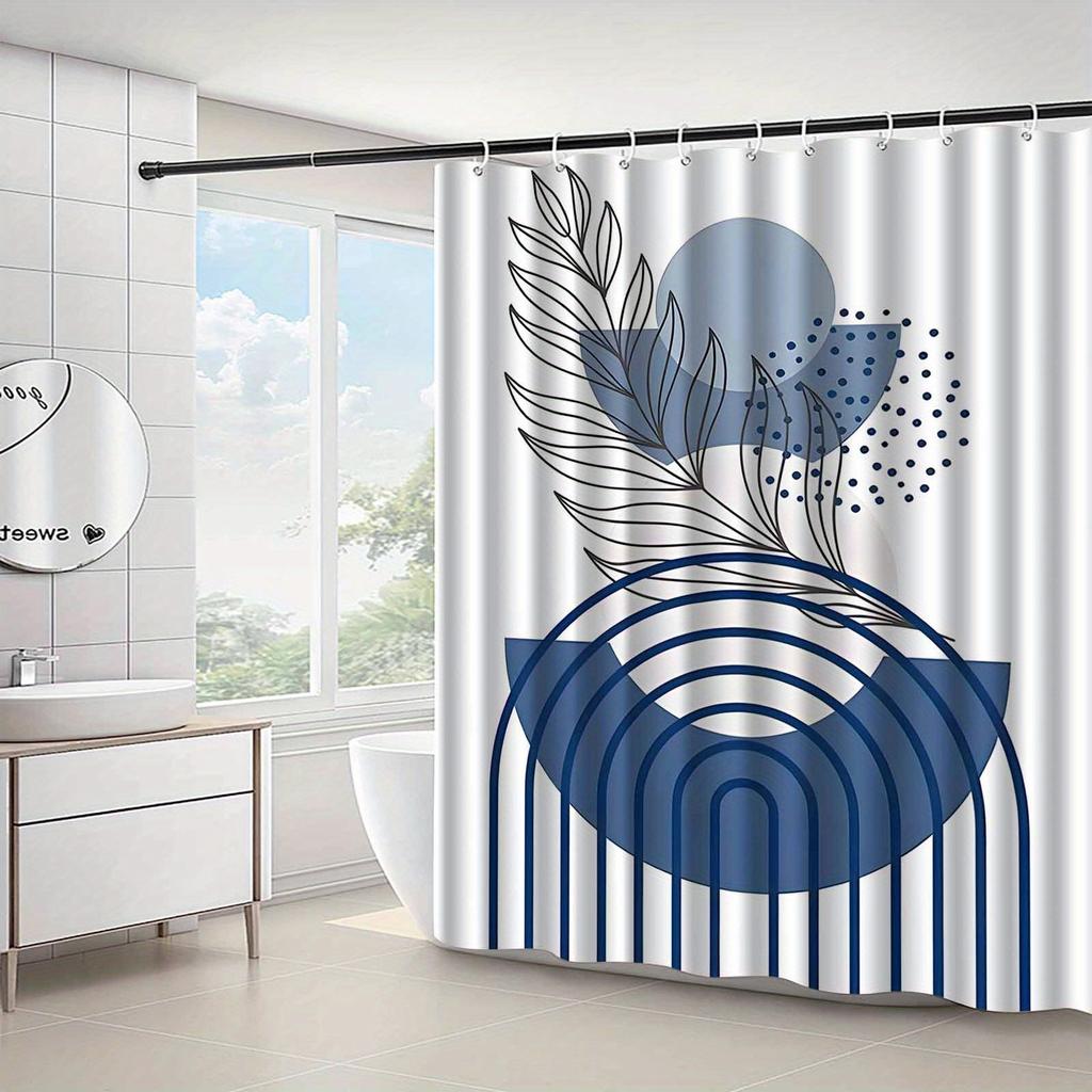 1pc blue bohemian abstract leaf pattern shower curtain, polyester fabric, machine washable, suitable for bathroom decoration