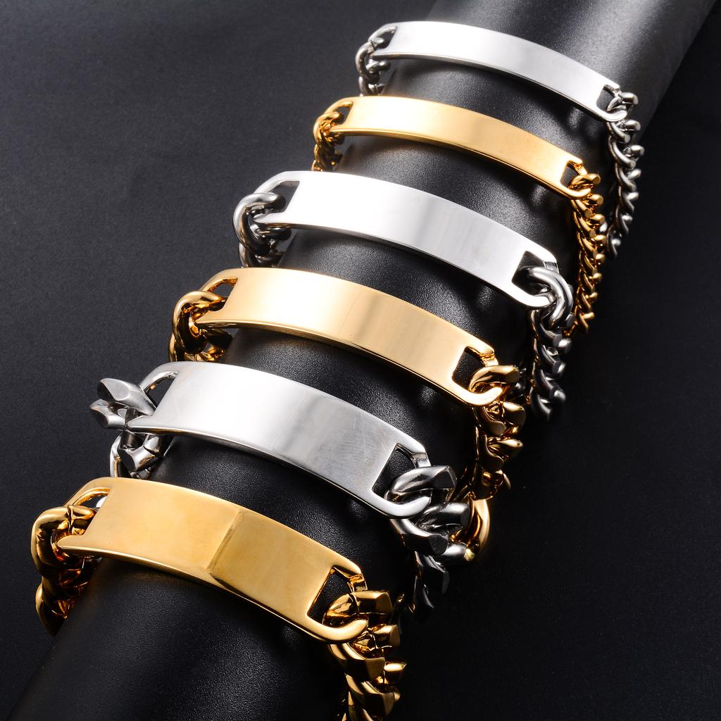 22cm Edelstahl Leeres Etikett Armband für Männer Frauen Punk Junge Gebogener Balken Anhänger Armreif Hand Kubanische Kette Armband Metall Schmuck