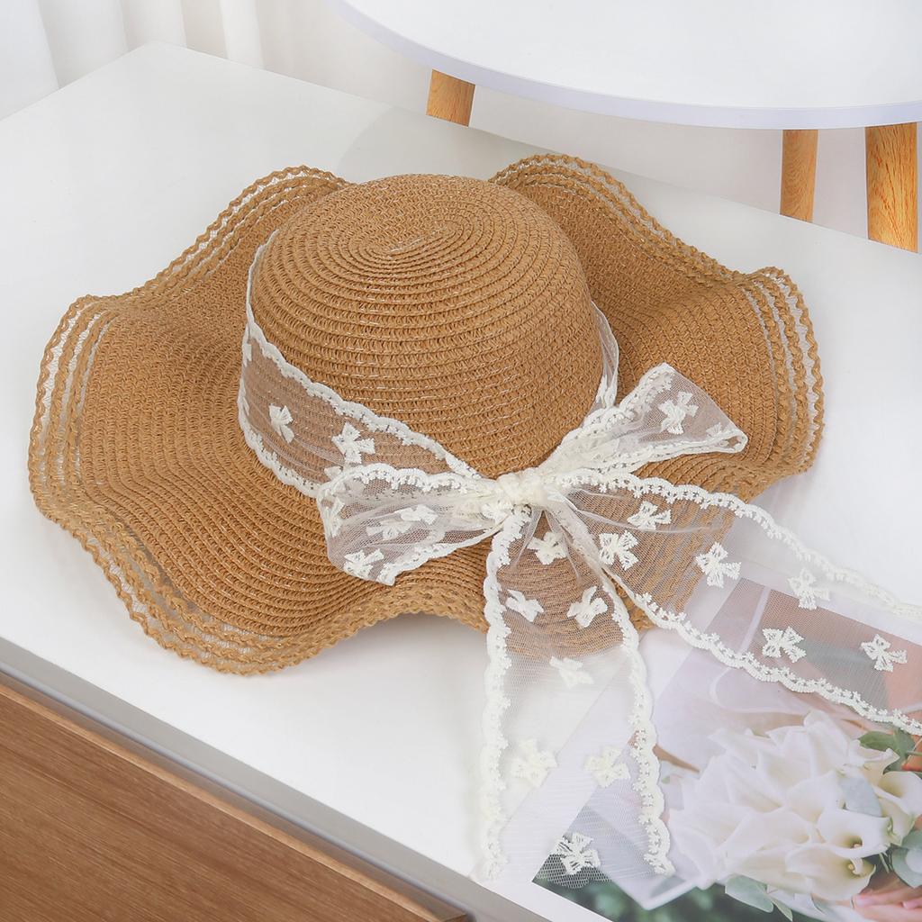 New Spring and Summer Bow Ribbon Straw Hat for Women's Beach Outings, Wide-brimmed Face-enhancing Straw Hat, Sun-protective Sun Hat