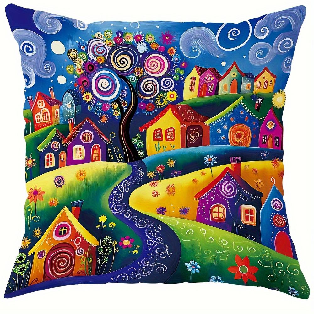 Home Decor Colorful Village And Tree Pattern Pillow Covers Pattern Cushion Cover Suitable For Sofa Bedroom Car Pillow Cover