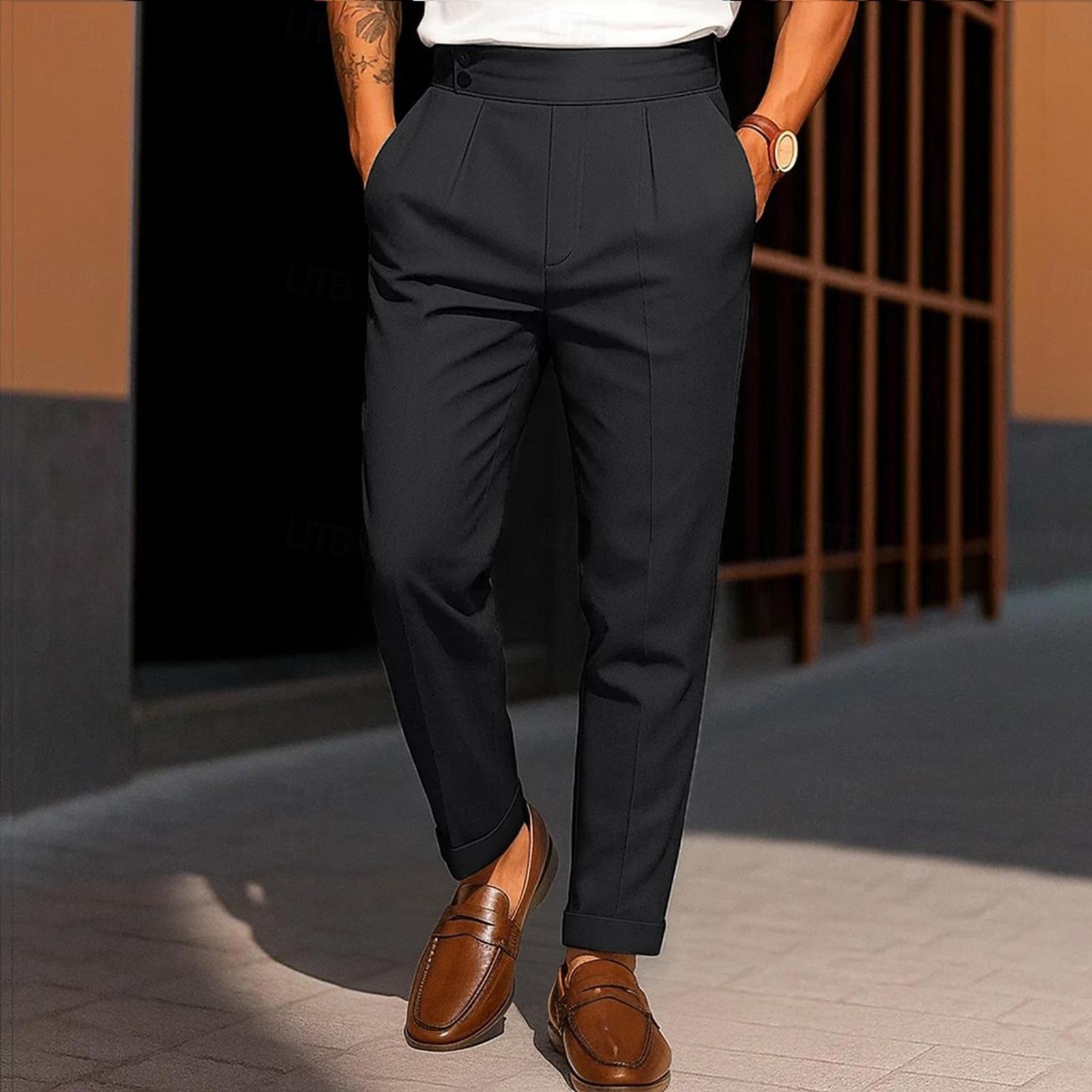 

Men s Solid Color Double Button Drape Pants High Waist Straight Casual Suit Pants 32