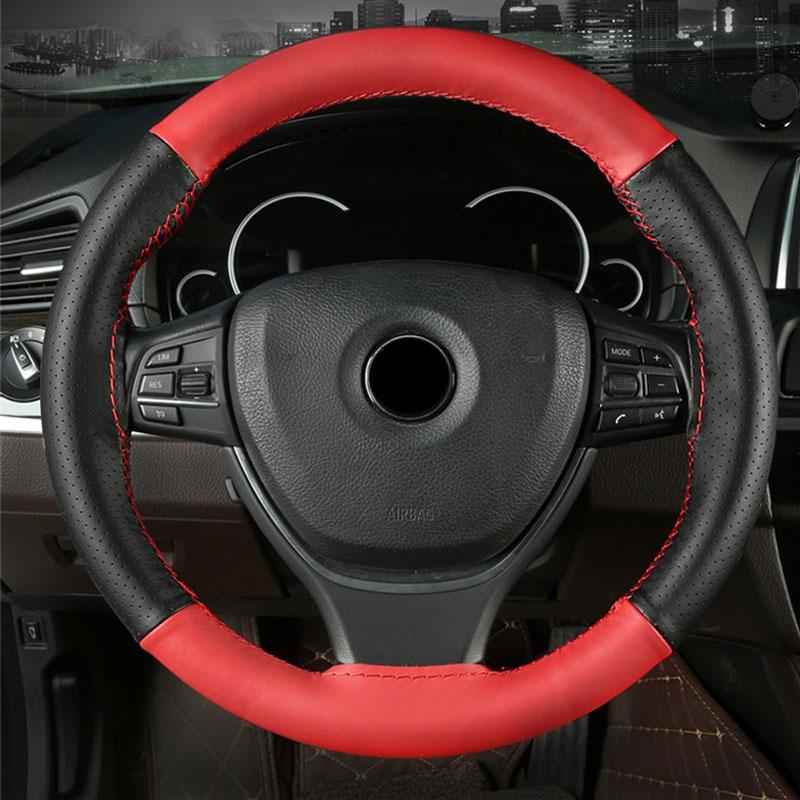 38cm Genuine Leather Car Steering Wheel Cover Hand Stitched Perforated & Two-Tone Design All Season With Thread Needles