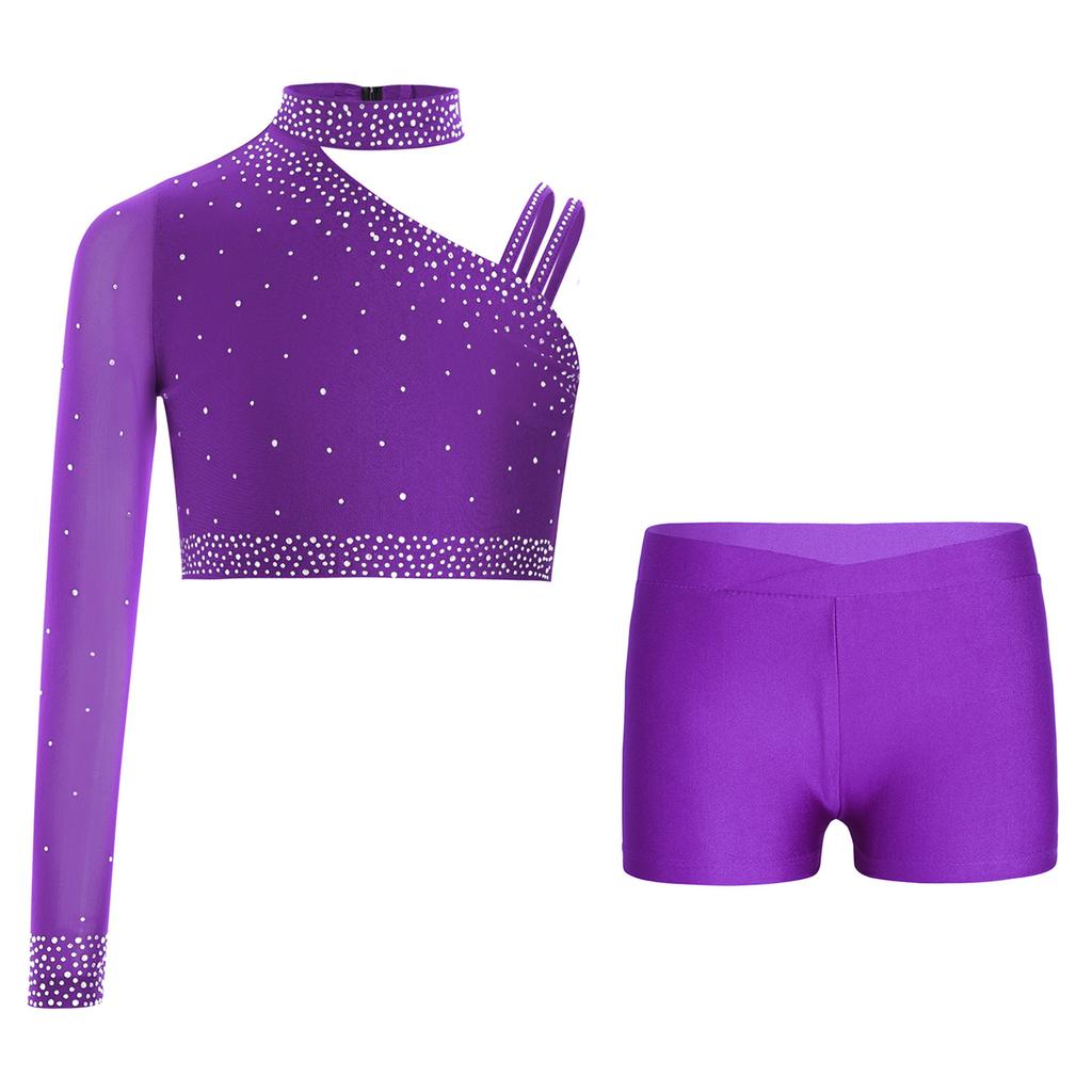 Třpytivý crop top na tanec s kamínky pro dívky: Šortky s nepravidelným ramenem a V-předním pasem pro taneční vystoupení