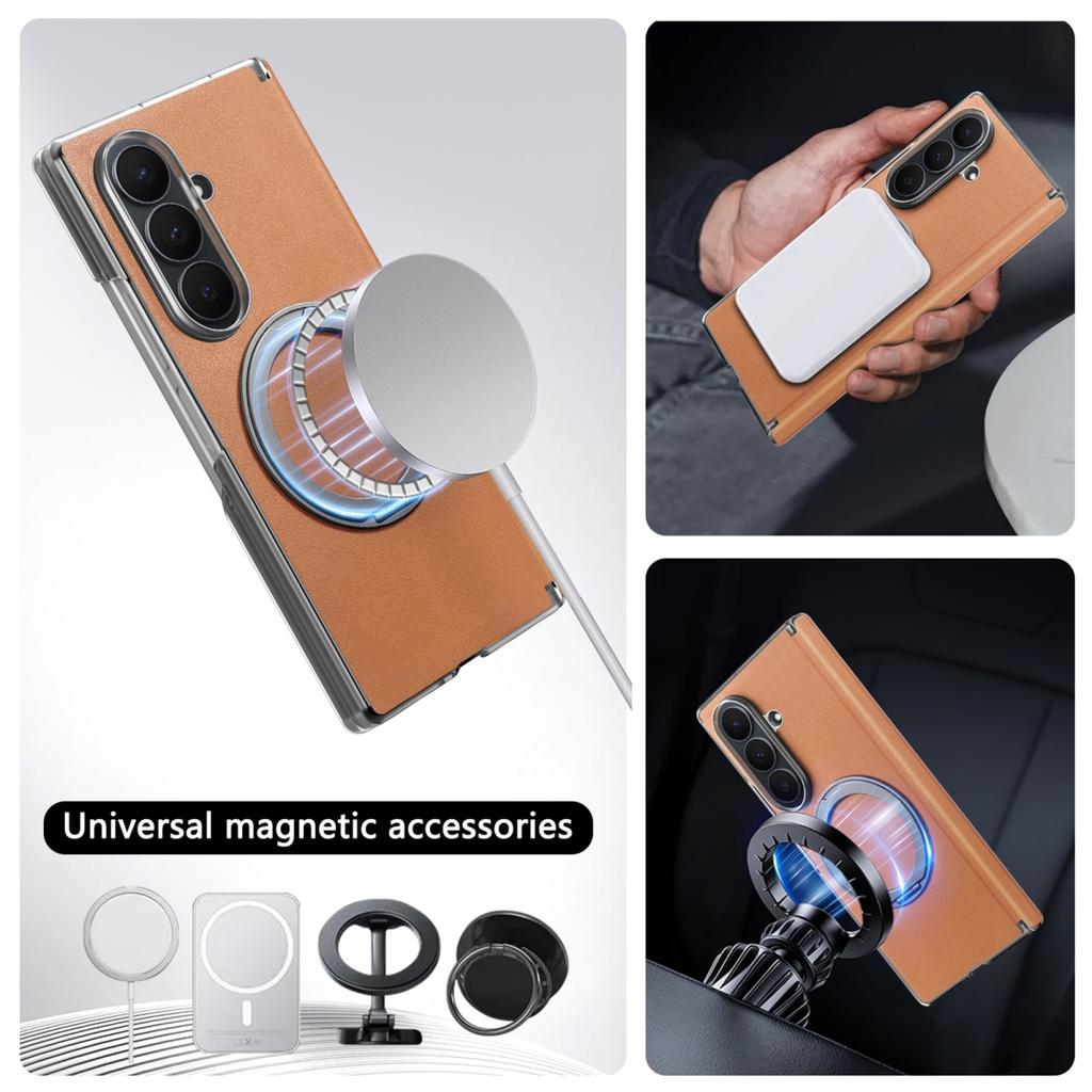 Leather for Magsafe Phone Case for Samsung Galaxy Z Fold 8 Ultra 7 6 360 Rotating Ring Stand Shockproof Hinge Protection Cover
