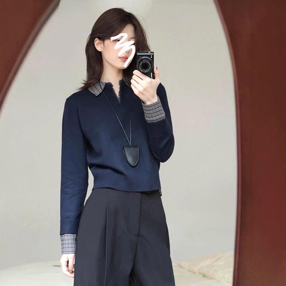 

Женская вязаная рубашка-поло темно-синего цвета с дизайном «два в одном» - Коллекция высокого класса Осень 2025 One Size темно-синий