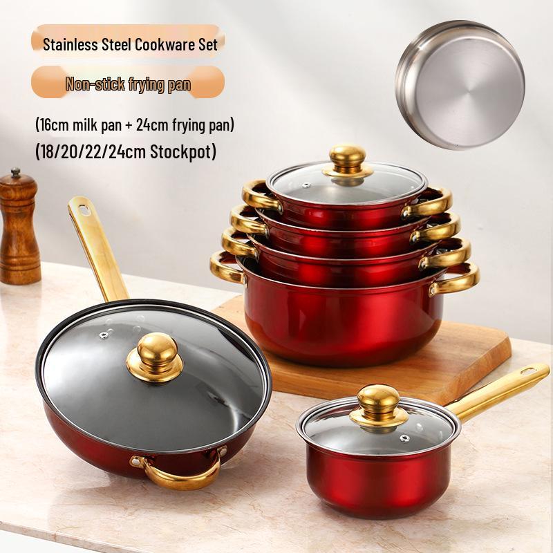 12dílná nepřilnavá sada nerezového nádobí se zlatě pokovenými rukojeťmi