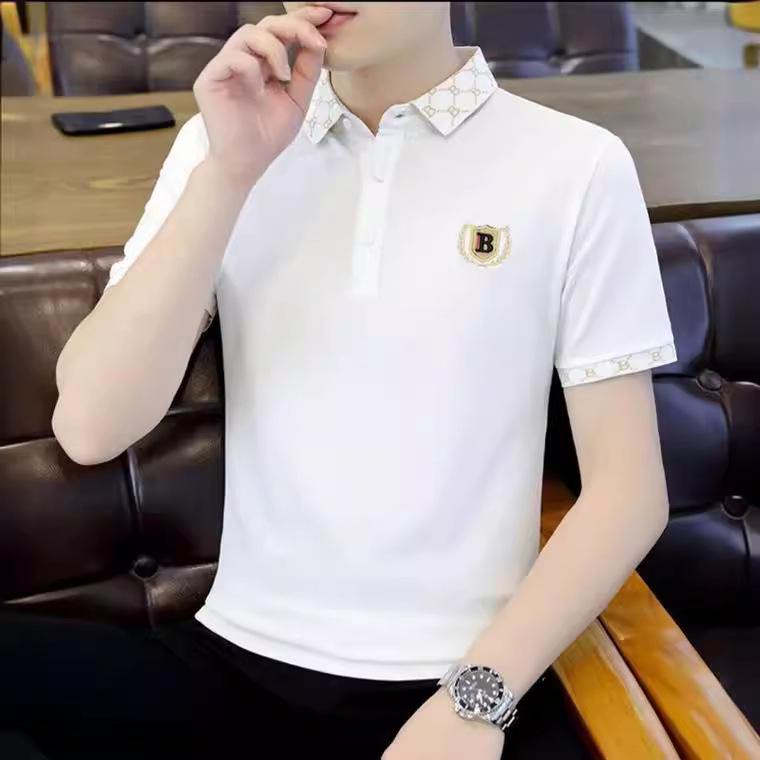 Men's 2024 Summer Hong Kong Style Slim Fit Embroidered Polo with Color-Matched Lapel Short Sleeves