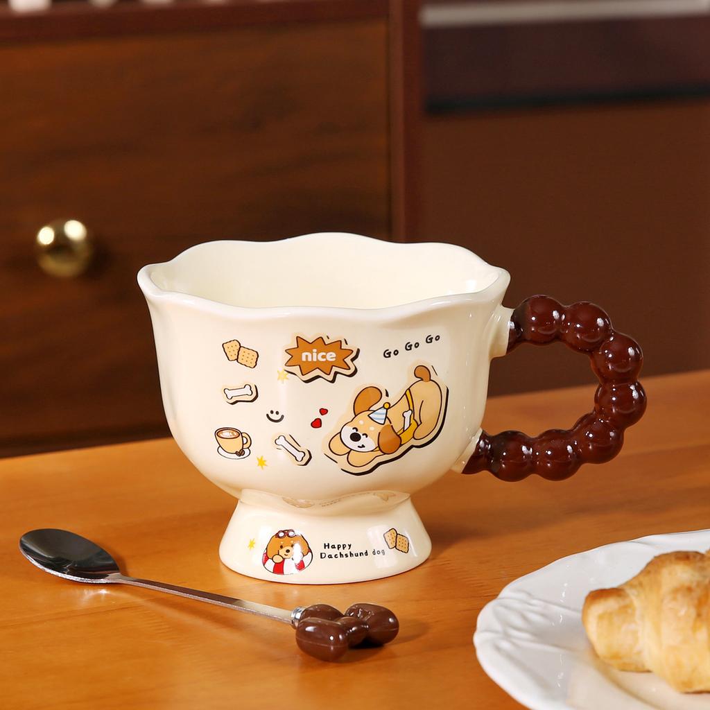 Dackel Keramik Wasserbecher Süße Tasse mit Deckel und Löffel Kreativer Jungenstil Kinder Frühstückstasse Große Kapazität