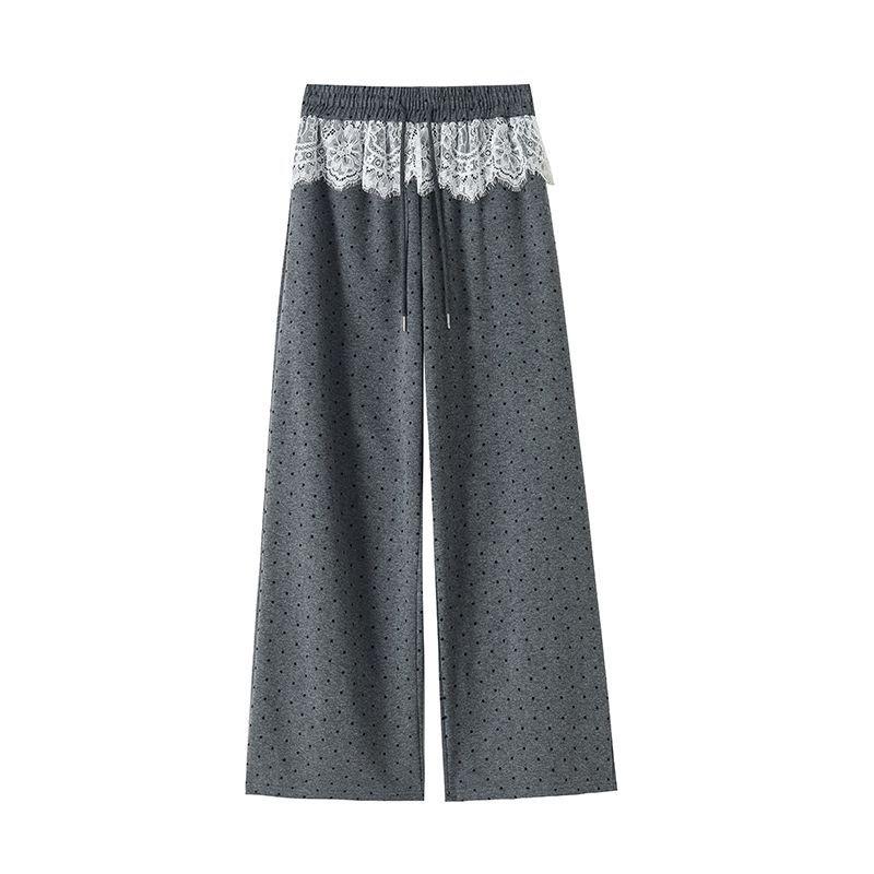 Women's Lace Patchwork Polka Dot Wide-Leg Floor-Length Pants – Spring/Summer Niche Design, Casual Loose Straight-Leg Trousers