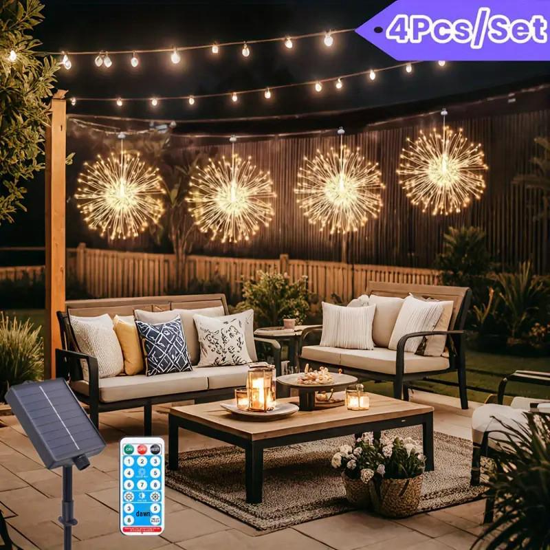 Solar-Powered Dandelion Firework LED Lights with Remote Control for Camping