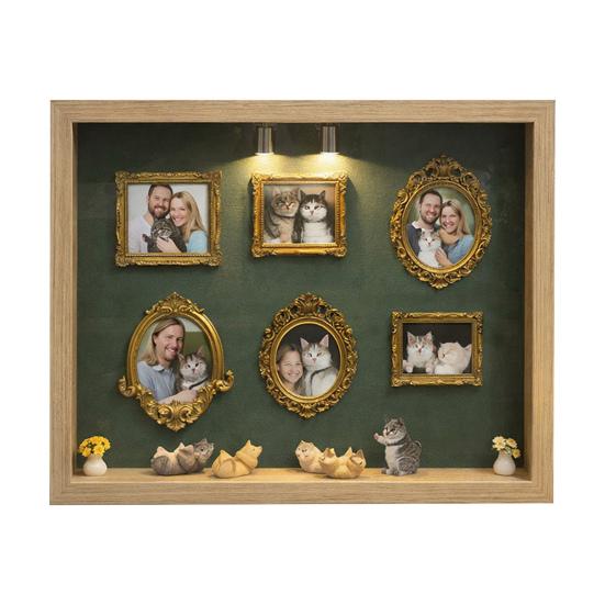 DIY Mini Museum Silhouette Box with Light Family Memory Photo Display Case Kit with 6 Gold Mini Frames 4 Miniature Cats 2 Potted Plants for Cat Lovers