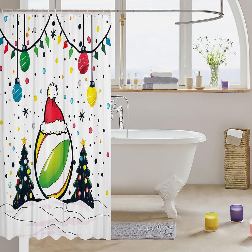 Christmas Ball Pickleball Shower Curtain with Xmas Tree Decorations, Waterproof Merry Holiday Bathroom Decor for Sports Theme