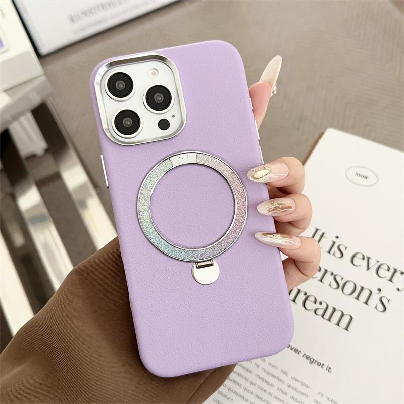 

Кожаный держатель с металлическим кольцом, магнитный держатель для телефона, подходит для iPhone 16, 15 Pro Max Plus, задняя крышка с рамкой из сплава для объектива камеры iPhone 16 Pro Max фиолетовый