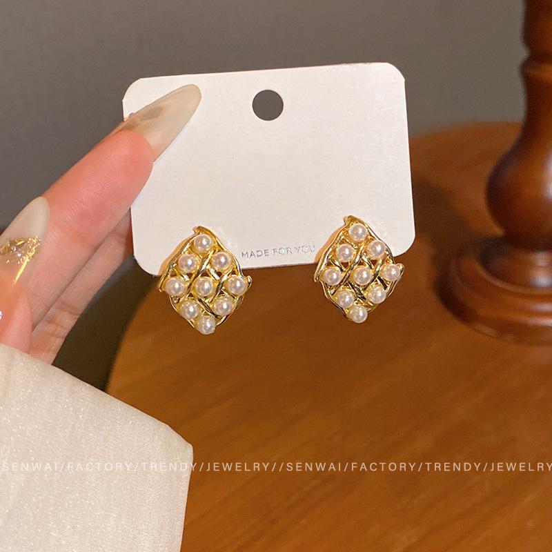 Французские ретро серьги-гвоздики с жемчугом и ромбами женский дизайн серьги серьги для темперамента