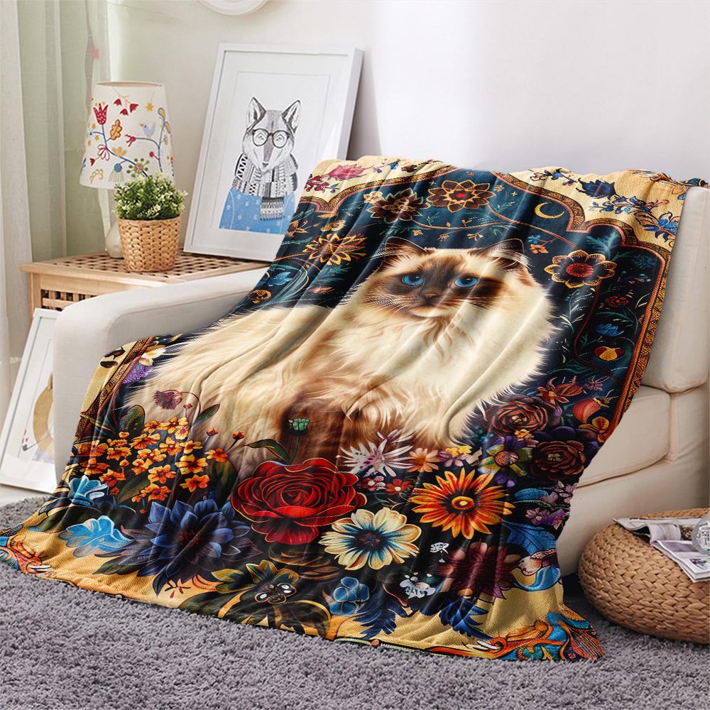 1Pc Boho Floral Cat Print Flannel Blanket, High Quality Comfortable for All Seasons, Home Decor, Warmth and Comfort, Perfect for Christmas Gifts