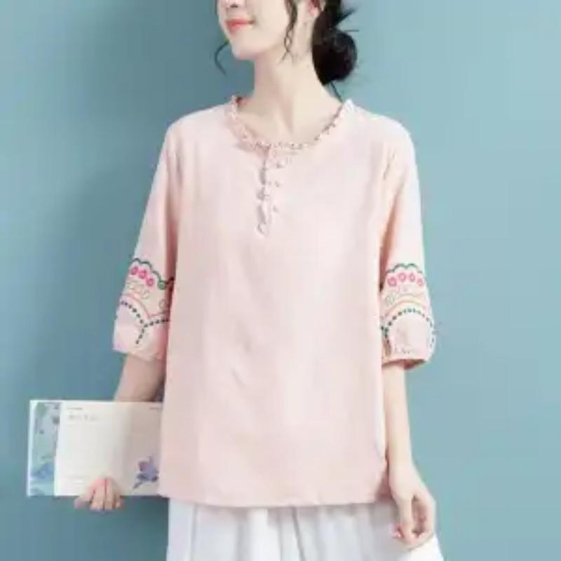 Women's Purple Embroidered Half Sleeve Blouse Ruffle Neck Casual Cotton Top