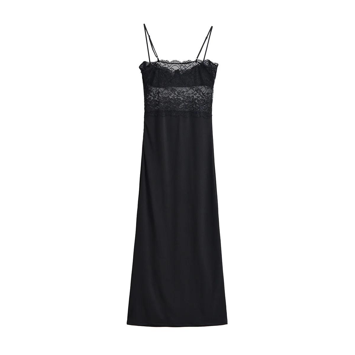 Elegant Sheer Lace Waist-Cinching Camisole Dress for Women – High-Grade A-Line Long Summer Dress Small чёрный