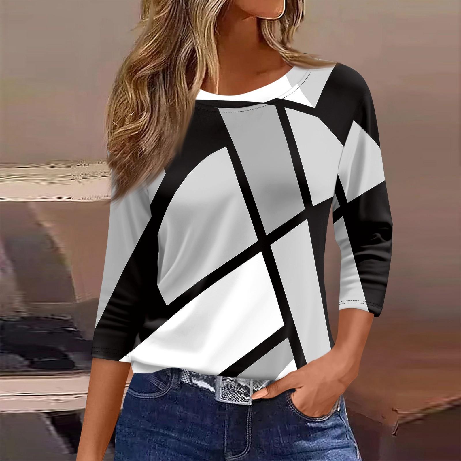 

Женская футболка, модная повседневная футболка с круглым вырезом и рукавом 3/4, свободная футболка с принтом, женская футболка S