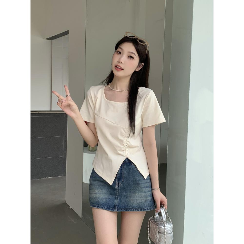 Irregular Square Collar Short-sleeved T-shirt for Women In Summer New Style for Flesh Covering and Short Shoulder Top