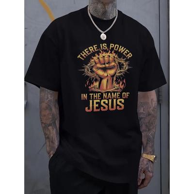 European Sizes There Is Power In the Name of Jesus Graphic T-Shirt for Men - Religious Christian Tee with Fist Design